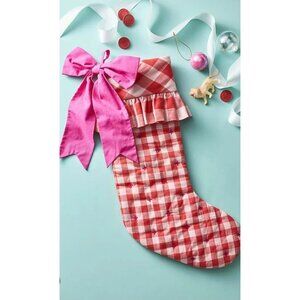 Anthropologie Gingham Bow Stocking Red White Christmas NWT
